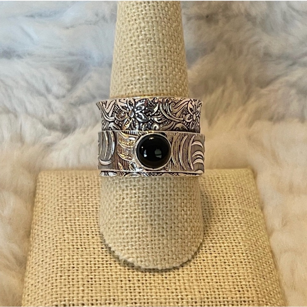 Boho Silver Spinner Ring Black Cabochon Wide Band Size 10